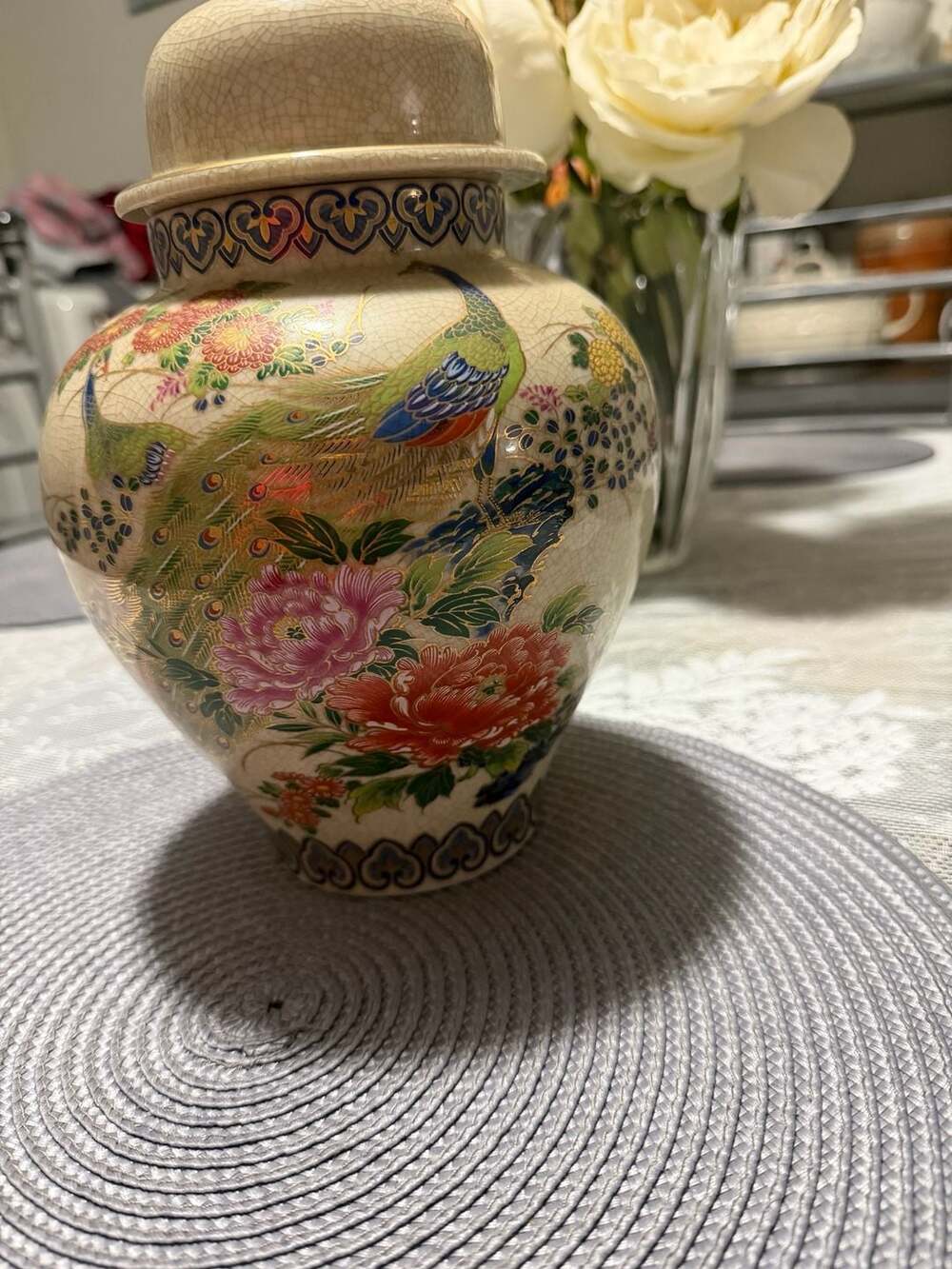 Andrea By Sadek Peacock Peony Ginger Jar Crackle Glaze